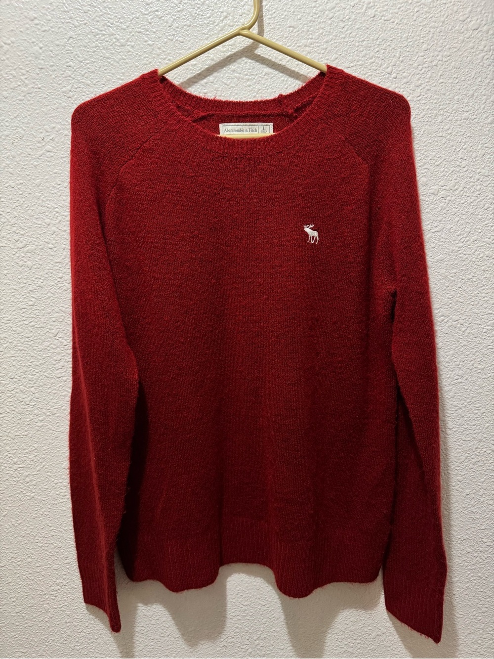 Abercrombie & Fitch Red Crewneck Sweater with Embroidered Moose